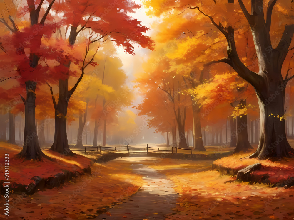Vibrant Autumn Landscape with Sunlit Yellow Trees. Nature's Palette Unveils a Spectacular Foliage Symphony, A Captivating Autumnal Vision.
