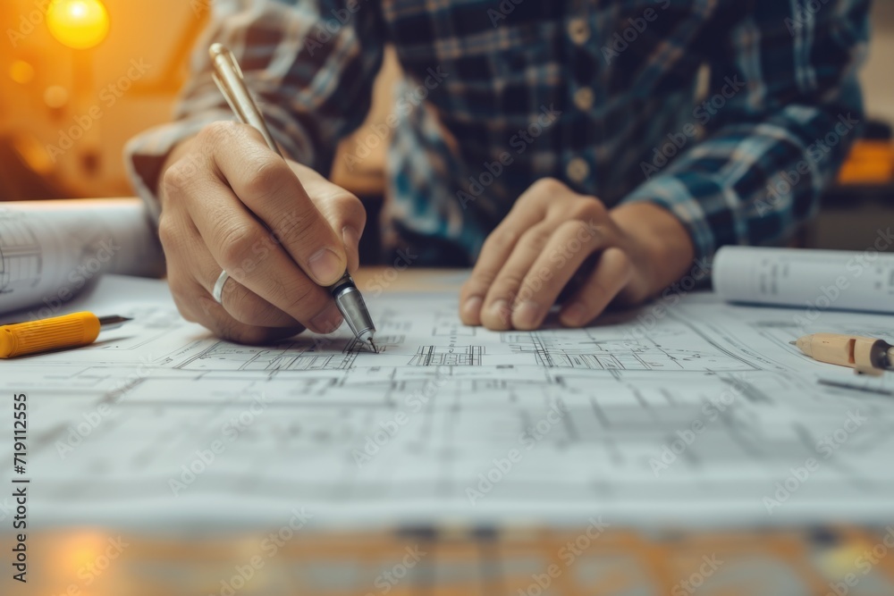 Architect reviewing blueprints with pencil and ruler on desk Architect reviewing blueprints with pencil and ruler on desk