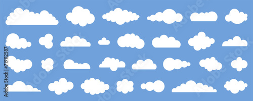 White cloud collection. Abstract cloud shape in flat style on blue sky. Set of cartoon cloud icon symbols design. Vector illustration for website, logo, web banner, sticker and any design