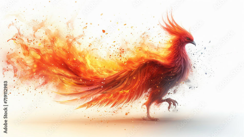 Phoenix on fire isolated on white background, bird burning