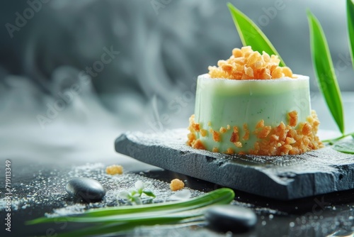 sheep yogurt and pandan sponge cake mousse with caramelized salted rice photo