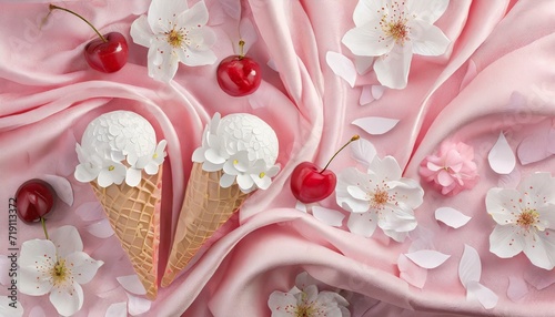 ice cream cones decorated with flowers and cherries