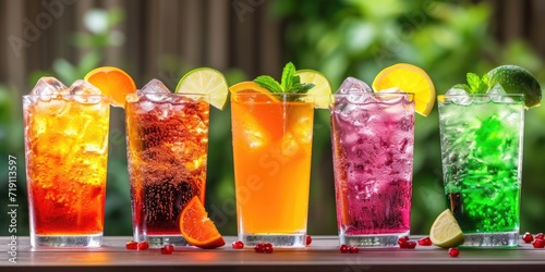 Colorful soda drinks in glasses vibrant set photo