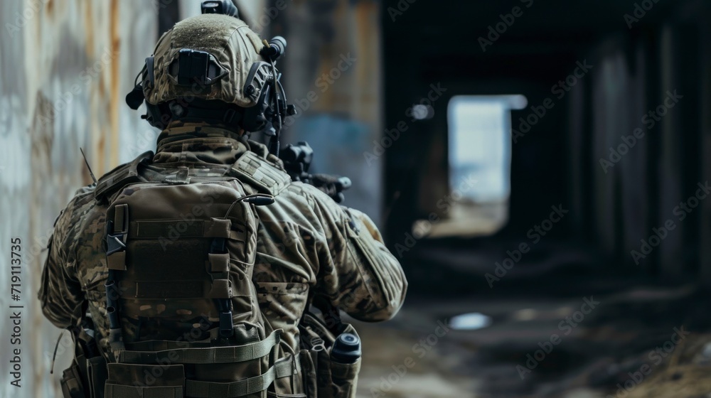 soldier with vest and helmet in battle on a building