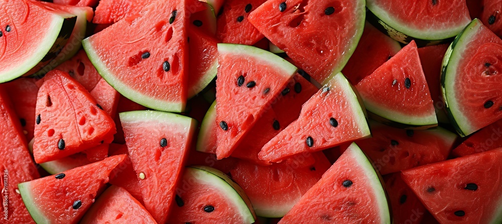 Juicy watermelon wedges in macro close up, perfectly sliced and arranged for a refreshing top view. Juicy watermelon wedges in macro close up, perfectly sliced and arranged for a refreshing top view.