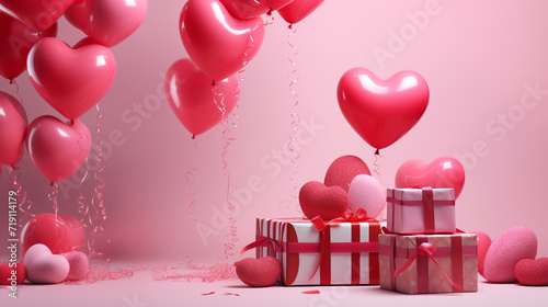 Red heart shape helium ballons.Wrapping gift boxes with red ribbon.Pink background with studio.Valentine Hearts Background Floating with Happy Valentines Day Greetings.Festive background with balloons
