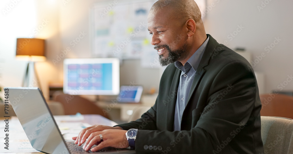 Portrait of happy black man in office, laptop and planning online research for creative project at digital agency. Internet, website and networking, businessman with smile and computer for investing. Portrait of happy black man in office, laptop and planning online research for creative project at digital agency. Internet, website and networking, businessman with smile and computer for investing.