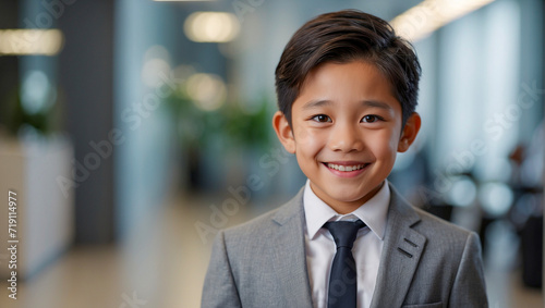 portrait of a young Japanese kid in grey suit  smiling