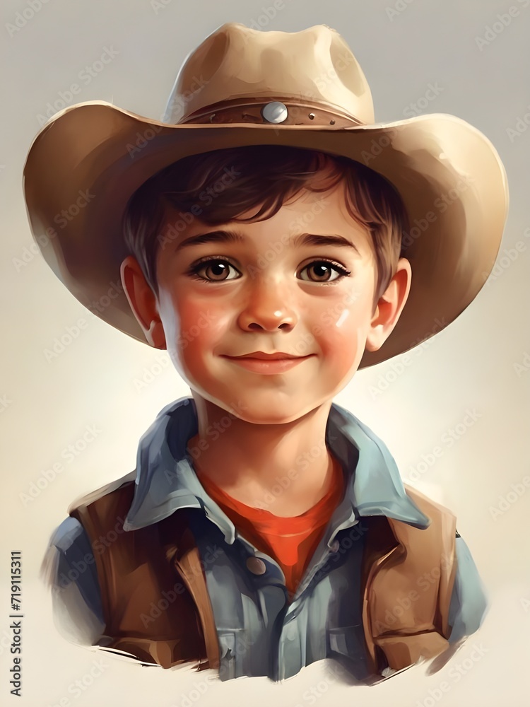 Portrait of a boy with cowboy hat. Illustration. Generative AI Portrait of a boy with cowboy hat. Illustration. Generative AI