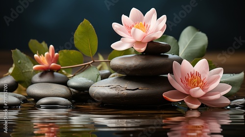 Massage spa stones stacked on top of each other in water with lotus flowers on top.  Meditation, relaxation, peace of mind concept, body treatment.