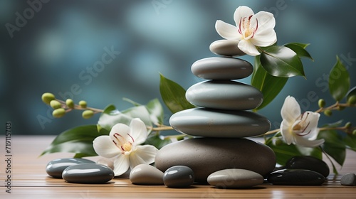 Massage spa stones stacked on top of each other with orchid flowers. Meditation, relaxation, peace of mind concept, body treatment.