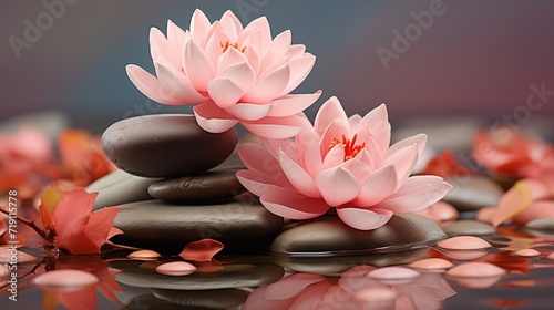 Massage spa stones stacked on top of each other in water with lotus flowers on top.  Meditation  relaxation  peace of mind concept  body treatment.