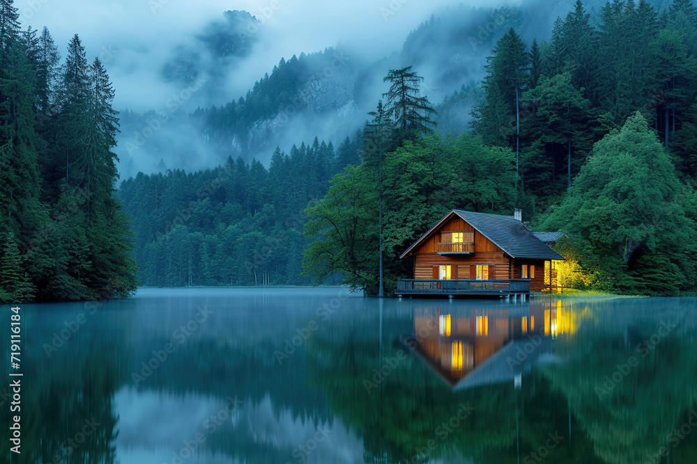 Fototapeta premium Illuminated Wooden house in the forest on a calm reflecting lake with the foggy mountains in the background at dusk