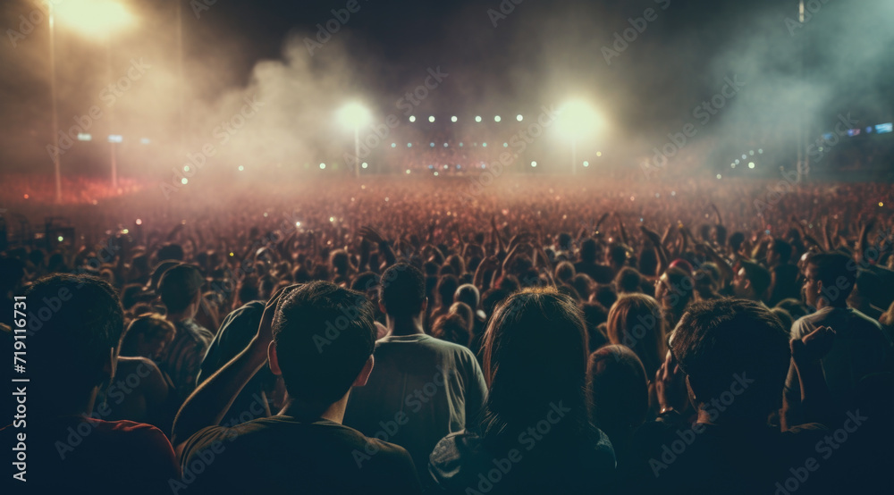 Concert crowd attending a concert, people silhouettes are visible, backlit by stage lights. Raised hands and smart phones are visible here and there