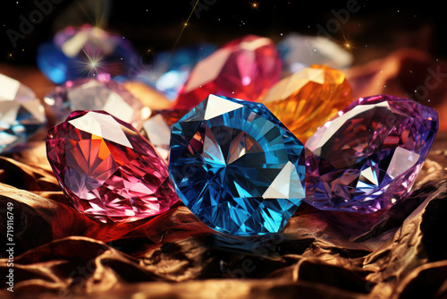 Jewel or gems on black shine color, Collection of many different natural gemstones amethyst, lapis lazuli, rose quartz, citrine, ruby, amazonite, moonstone, labradorite, chalcedony, blue topaz photo