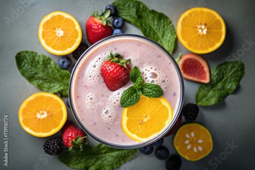 Above view of a healthy smoothie on countertop