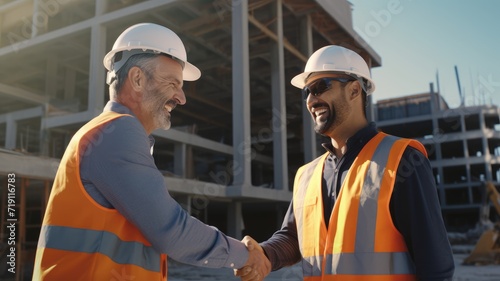 onstruction manager talking about architectural plan at construction site 