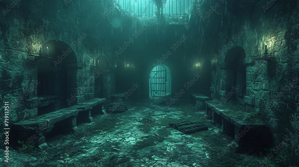 Underground old medieval dungeon jail cells, fantasy aventure tabletop role play game setting