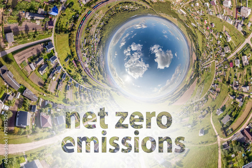 net zero emissions text concept image against blue little planet in green grass background