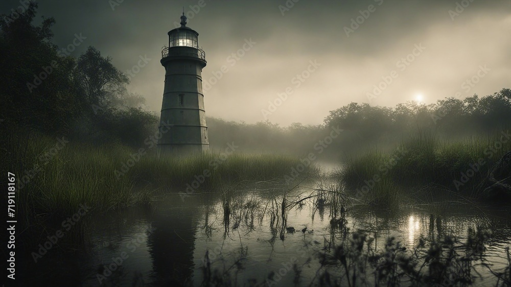 morning fog over the river A scary lighthouse in a haunted swamp, with mist, vines,  
