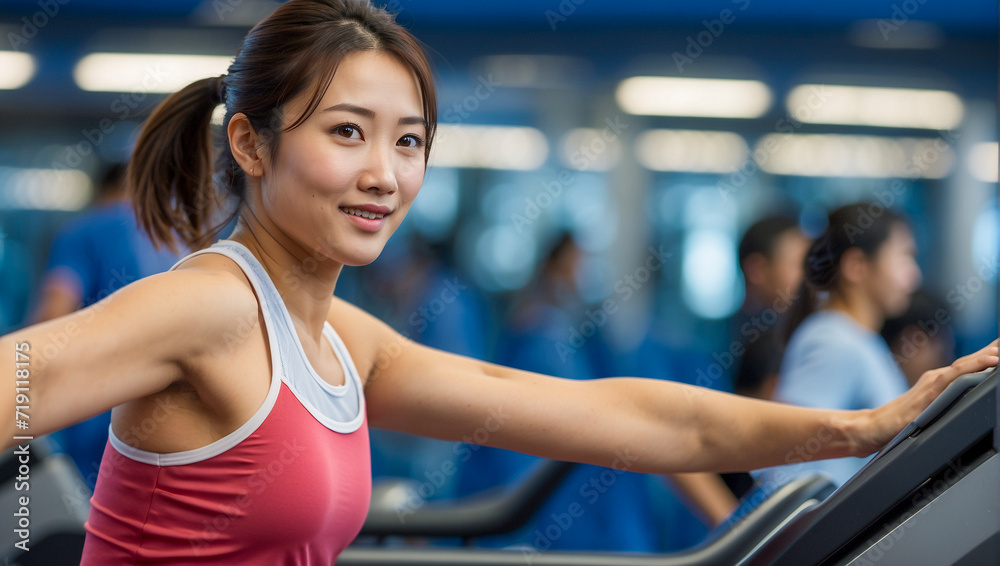 woman running on the treadmill, young beautiful Japanese