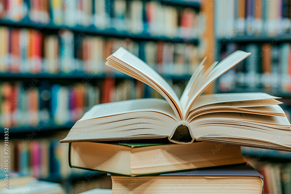 open book lying on a stack of books in a library open book lying on a stack of books in a library