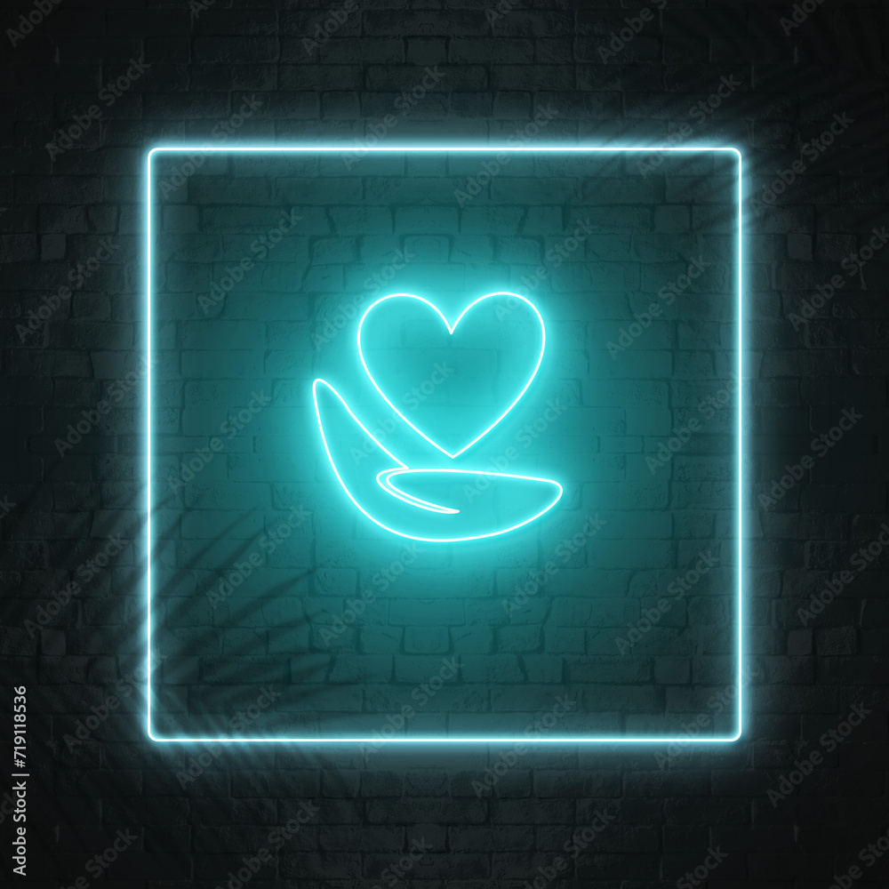 medical heart on hand icon cyan neon effect, frame, leave shadow and dark wall  backdrop