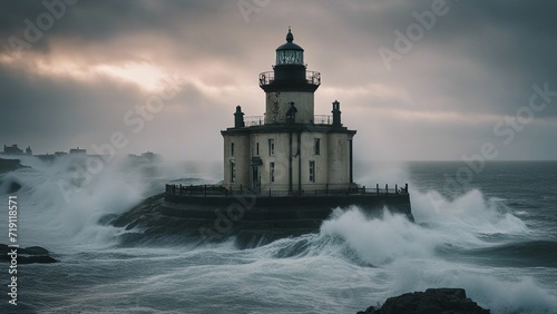 lighthouse on the coast lighthouse is being hit by a large wave 