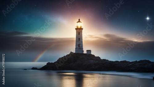 lighthouse at night A fantasy lighthouse in a starry night, with a comet, a moon, 