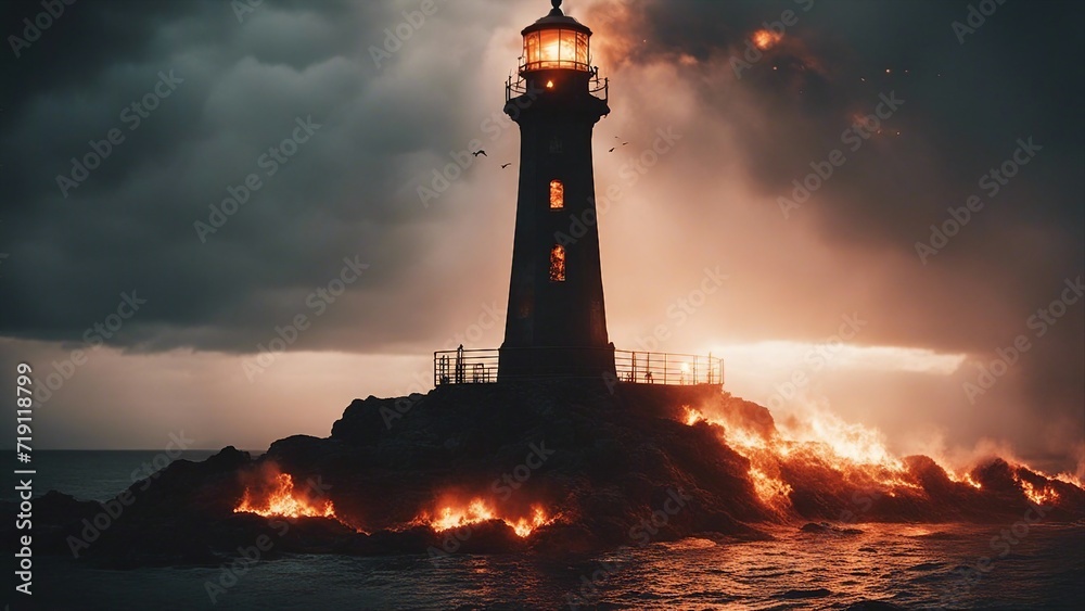 lighthouse at sunset A scary lighthouse in a hellish fire, with demons, flames,  