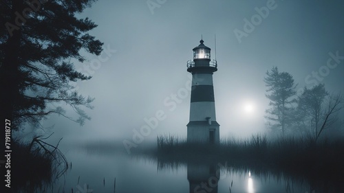 lighthouse in the fog A lighthouse in a haunted swamp, where ghostly figures and eerie sounds lurk in the fog.   photo