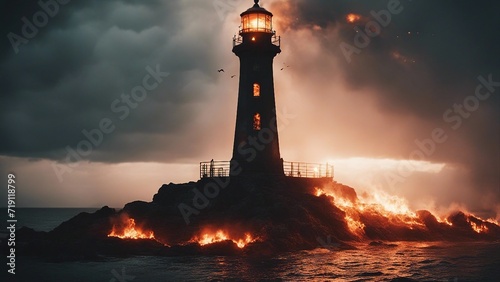 lighthouse at sunset A scary lighthouse in a hellish fire, with demons, flames, 