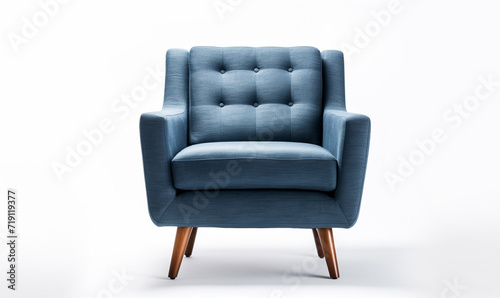 Soft empty blue armchair stands on white isolated background. comfortable fabric couch is alone against the background of white wall. copy space