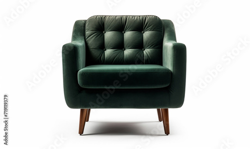 Soft empty dark green armchair stands on white isolated background. comfortable. fabric couch is alone against the background of white wall copy space © Hanna ArtLab