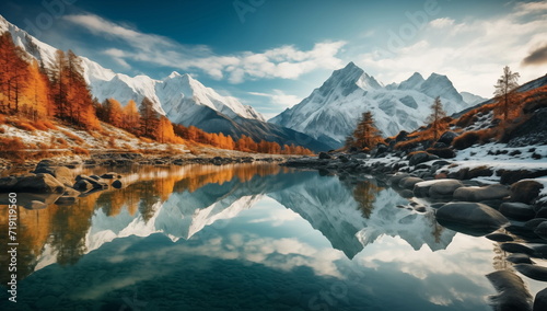Hyper Realistic painting of Lake and mountains reflection in water, Stunning winter landscape, A serene mountain lake mirroring the snow-capped peaks.  Stunning photo. Generated AI. photo