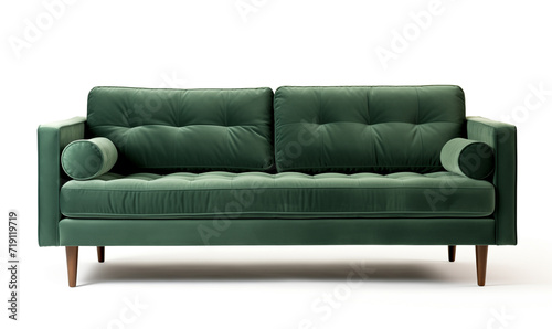 Soft empty dark green sofa stands on white isolated background. comfortable fabric couch is alone against the background of white wall. copy space