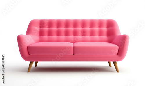 Soft empty pink sofa stands on white isolated background. comfortable fabric couch is alone against the background of white wall. copy space