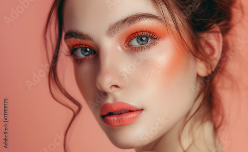 Peach Fuzz Glamour  Beauty with Trendsetting Makeup. Peach Fuzz color of the year 2024