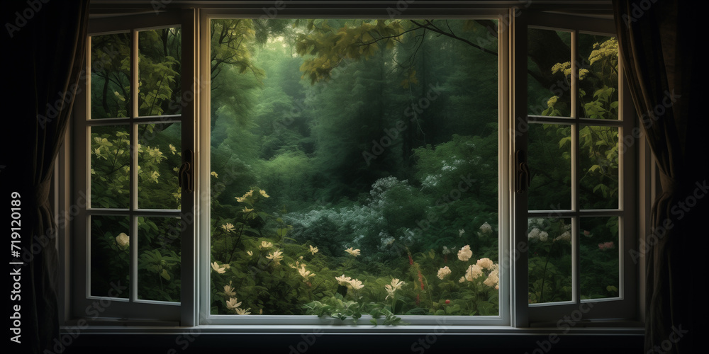 Open window overlooking a fairy forest. View Through Old Window. Open window overlooking a fairy forest. View Through Old Window.