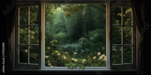 Open window overlooking a fairy forest. View Through Old Window. 