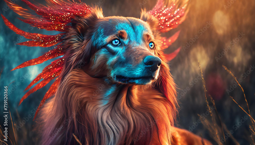 close up of mystic dog, like a phoenix, red and blue colors digital close up of mystic dog, like a phoenix, red and blue colors digital