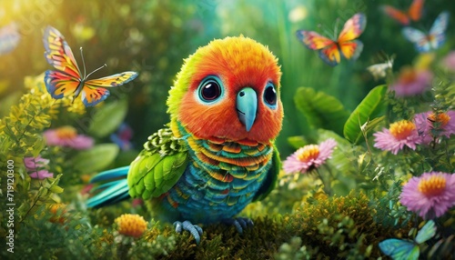 3D render baby parrot, adorable big eyes, in a garden with butterflies, lush greenery