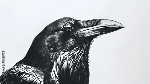 Close-up drawing of raven head isolated on a white background photo