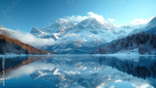 Hyper Realistic painting of Lake and mountains reflection in water, Stunning winter landscape, A serene mountain lake mirroring the snow-capped peaks.  Stunning photo. Generated AI. © jirayut
