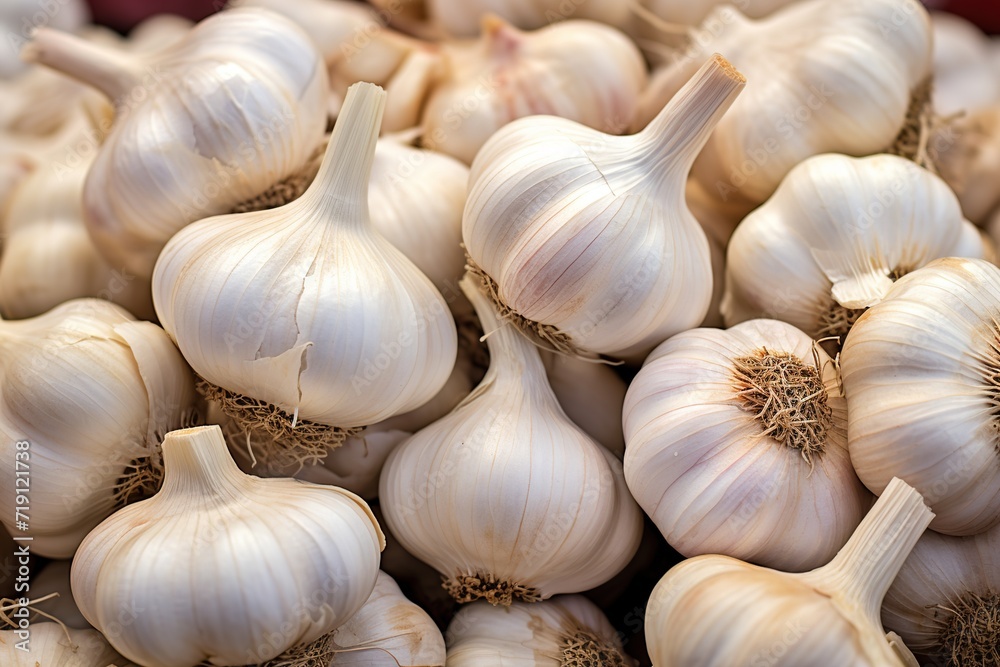Abstract food background with a bunch of a white garlic heads