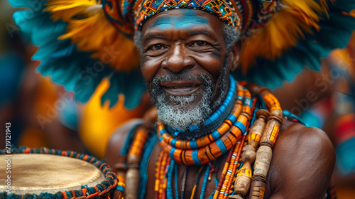 An African male drummer dressed in a colorful outfit plays the drum