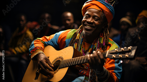 An African man wearing a colorful outfit plays the guitar