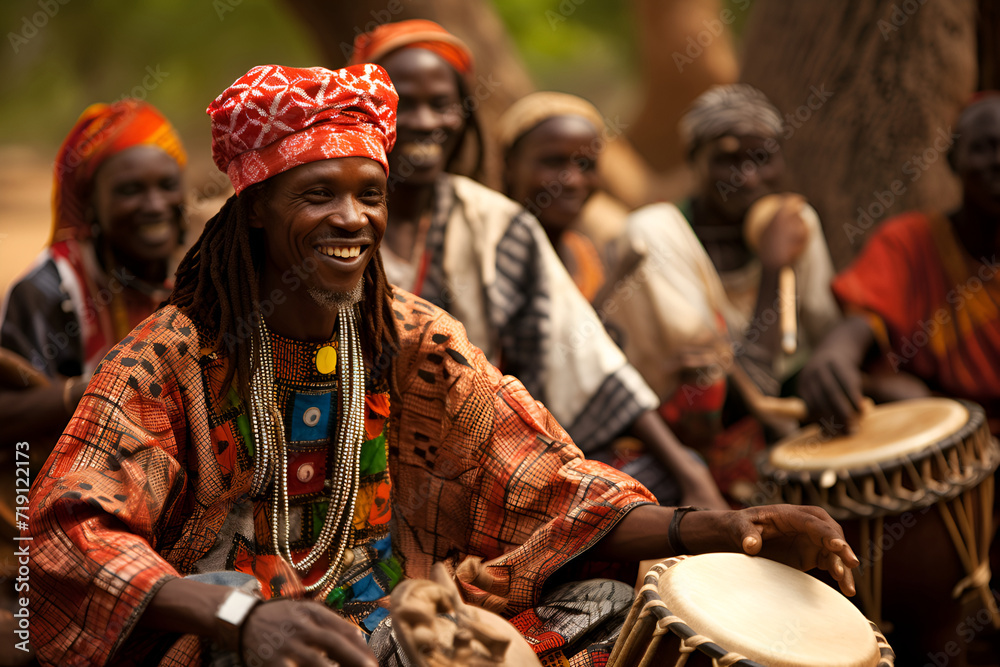 African men drummers, dressed in vibrant attire, energetically playing their drums