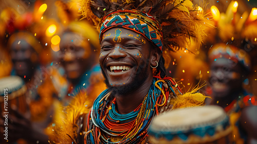 African male drummers in bright clothes drumming photo