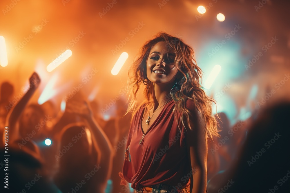 young charming young woman in a stylish red t shirt on a scene in front of people dancing in a nightclub under neon lights